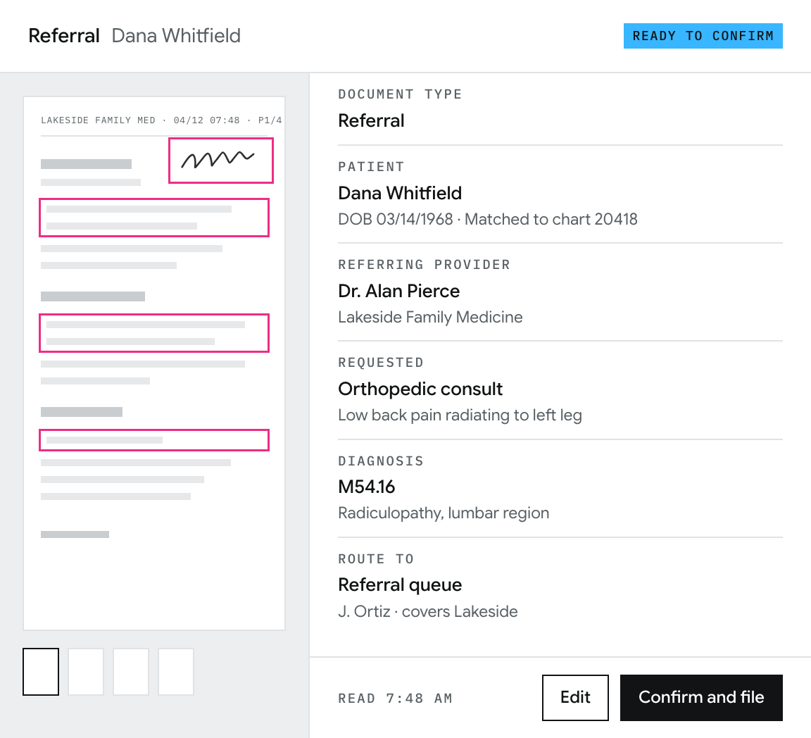 Mockup of one referral: the faxed page with the areas Calvient read outlined, beside the document type, patient, referring provider, request, diagnosis code and queue it identified, with buttons to edit or confirm and file.
