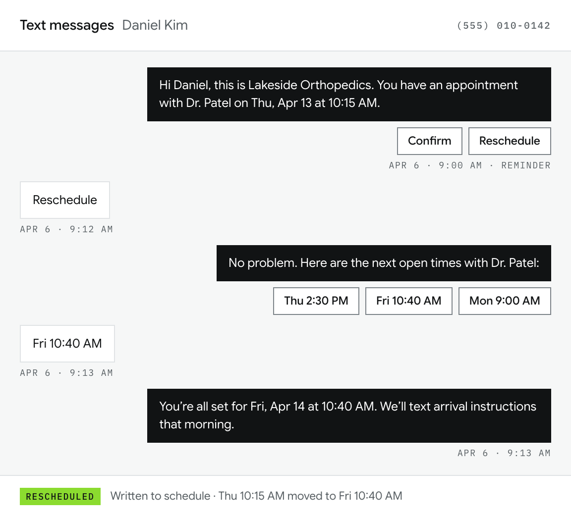 Mockup of a text conversation: an appointment reminder with Confirm and Reschedule buttons, the patient choosing Reschedule, a choice of open times, and the new time written to the schedule.