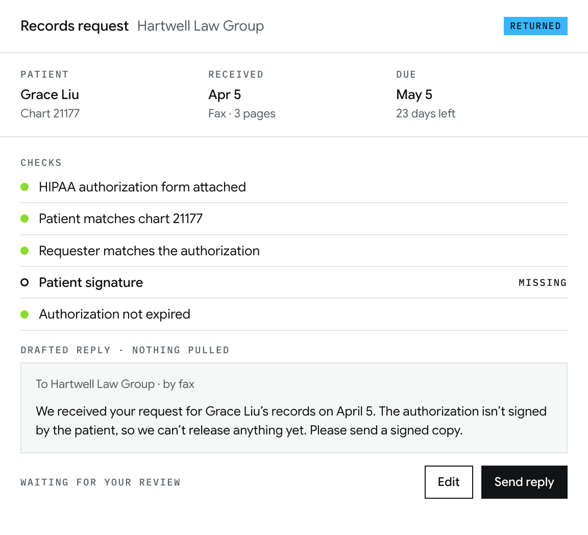 Mockup of one records request from a law firm: the checks Calvient ran, with the patient signature missing, nothing pulled, and a drafted reply waiting for your review.